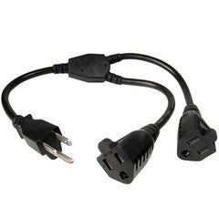 Power Y Cord, Black, NEMA 5-15P to Dual NEMA 5-15R, 16AWG, 13 Amp, 14 inch