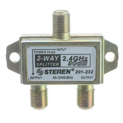 F-pin Coaxial Splitter, 2 way, 2 GHz 90 dB, DC Passing on One Port