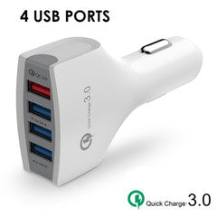 4 Port USB Car Charger, 7.0A total, features 1 port Qualcomm Quick Charge v3.0