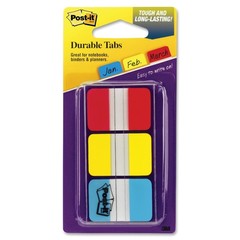 3M Post-it Durable Tabs, Red, Yellow, Blue, 1 in x 1.5 in, 22/tabs/per color, 3/colors/per/pk