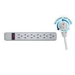 Surge Protector, Flat Rotating Plug, 6 Outlet, Gray Horizontal Outlets, Plastic, Power Cord 10 foot