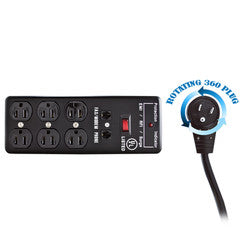 Surge Protector, Flat Rotating Plug, 6 Outlet, Black, Metal, Commercial Grade, 1 X3 MOV, EMI & RFI, Modem Protector, Power Cord 6 foot