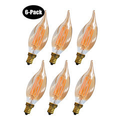 3.5 Watt (25W Equiv.) Warm (2200k) Candelabra Curved Tip, Dimmable LED Filament Bulb. E12, 6-pack
