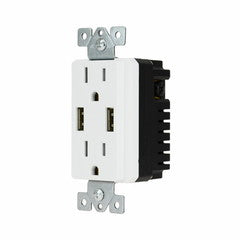 White Decora Style Duplex AC 15A 125V Outlet (2 x Nema 5-15R) Featuring Dual USB charge ports providing 4.0 Amps ( USB A Female 2 A each)