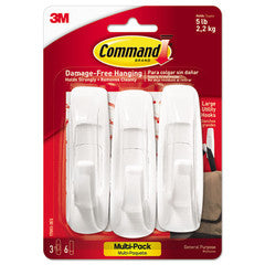 3M Command General Purpose Hooks Multi-Pack, Large, 5lb Cap, White, 3-Hooks + 6-Strips/Pack - 170033ES