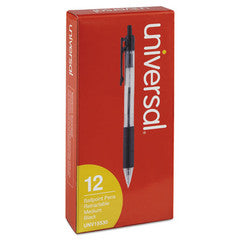 Universal Comfort Grip Retractable Ballpoint Pen, 1mm, Black Ink, Clear Barrel, 12/pack - UNV15530