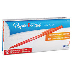 PaperMate Write Bros. Stick Ballpoint Pen, Medium 1mm, Red Ink + Barrel, Dozen