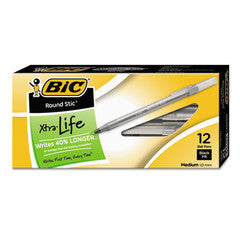 Bic Round Stic Xtra Life Stick Ballpoint Pen - GSM11BK, 1mm, Black Ink, Smoke Barrel, 12/pack