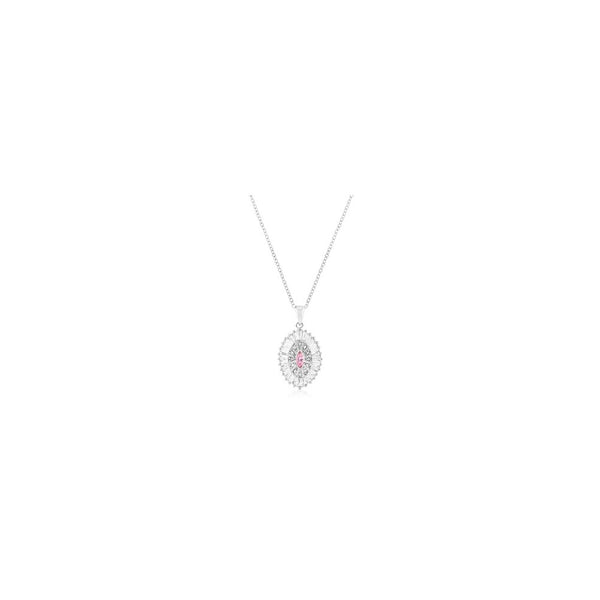 Silvertone Pink And Clear Cz Oval Halo Pendant
